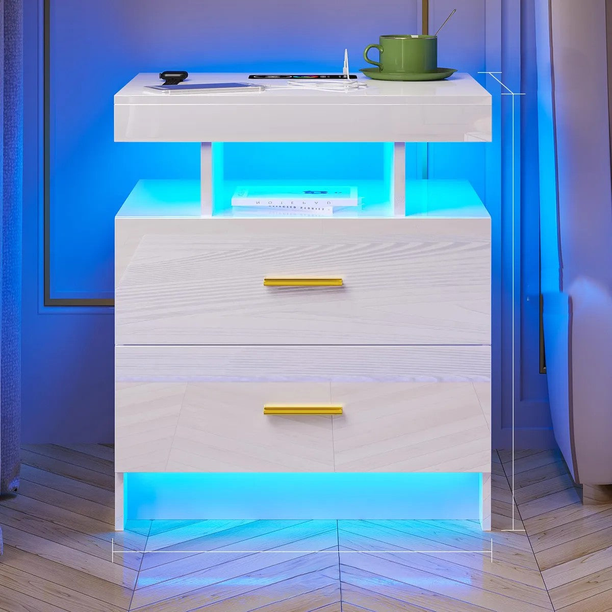 Mesita de Noche con Sensor, Carga Inalámbrica y Luz RGB