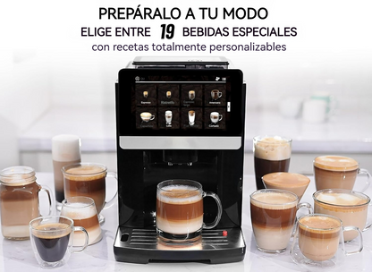 Cafetera automática con pantalla táctil, molinillo y espumador de leche
