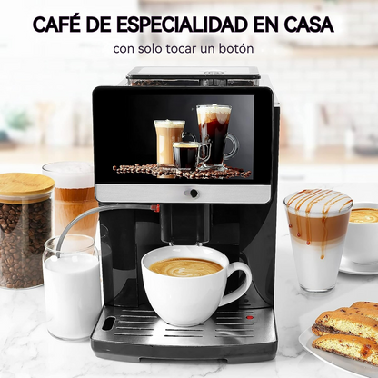 Cafetera automática con pantalla táctil, molinillo y espumador de leche