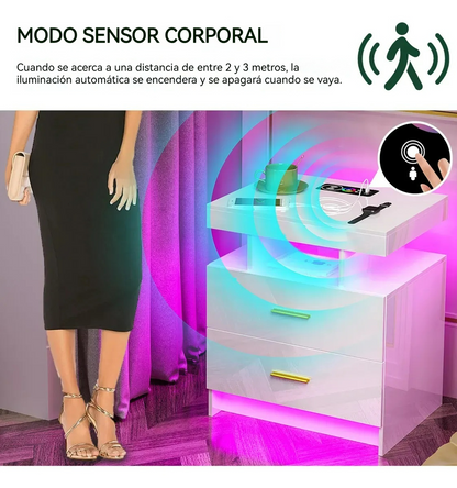 Mesita de Noche con Sensor, Carga Inalámbrica y Luz RGB