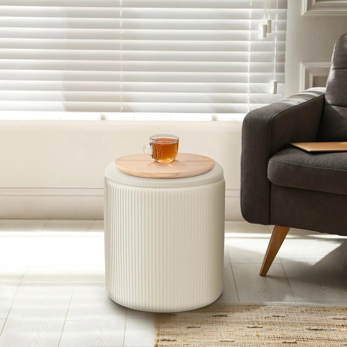 Set de Otomanas Redondas con Almacenaje y Tapa Multifunción