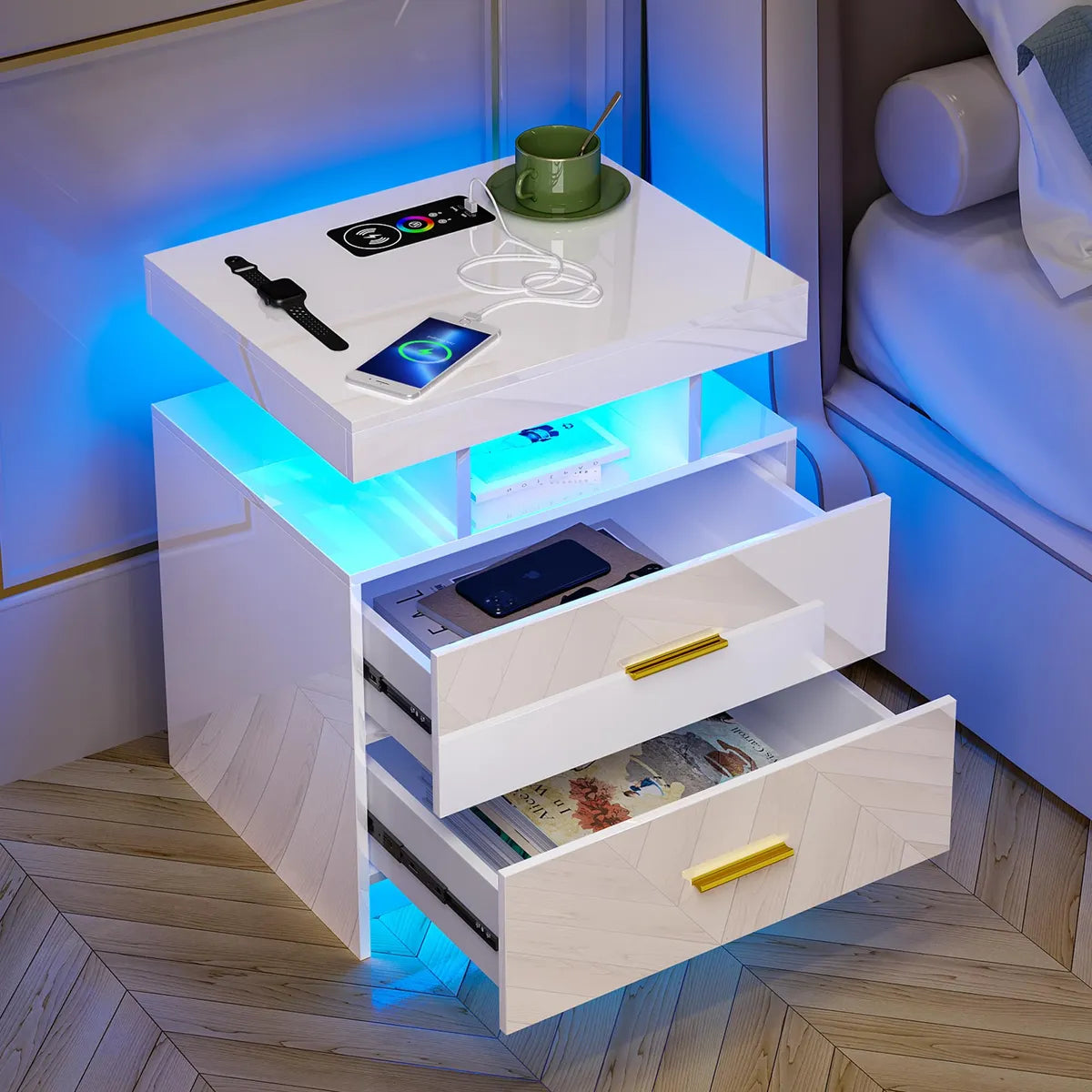 Mesita de Noche con Sensor, Carga Inalámbrica y Luz RGB