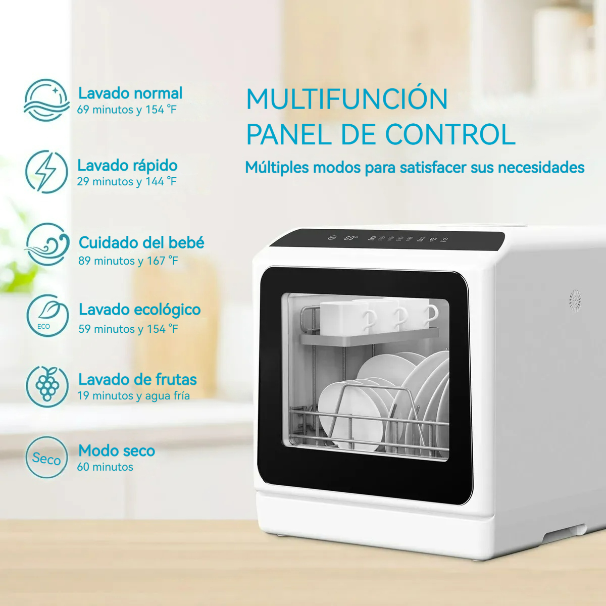 Lavavajillas portátil de 6 programas con tanque de agua integrado y secado automátic