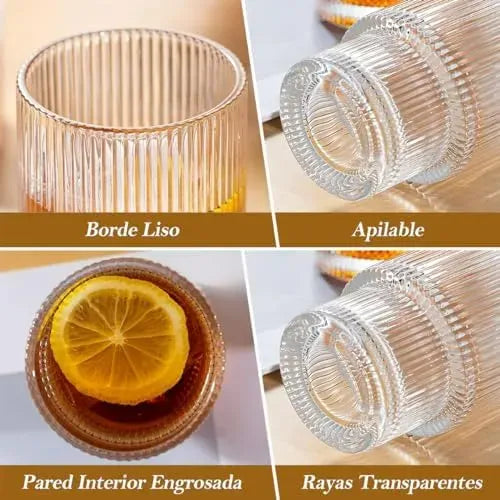 Set de 4 Vasos de Vidrio Acanalado para Bebidas Frías y Calientes