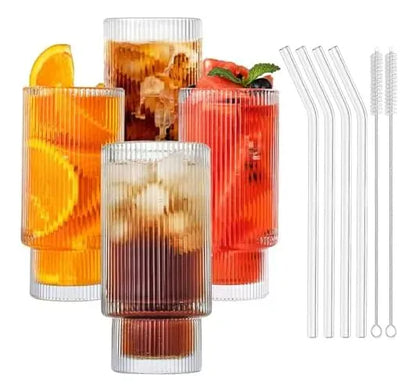 Set de 4 Vasos de Vidrio Acanalado para Bebidas Frías y Calientes